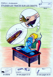 Step 6.1, Analyzing Use-Wear on Objects, hand-colored by Christiane Angibous-Esnault with colored pencils